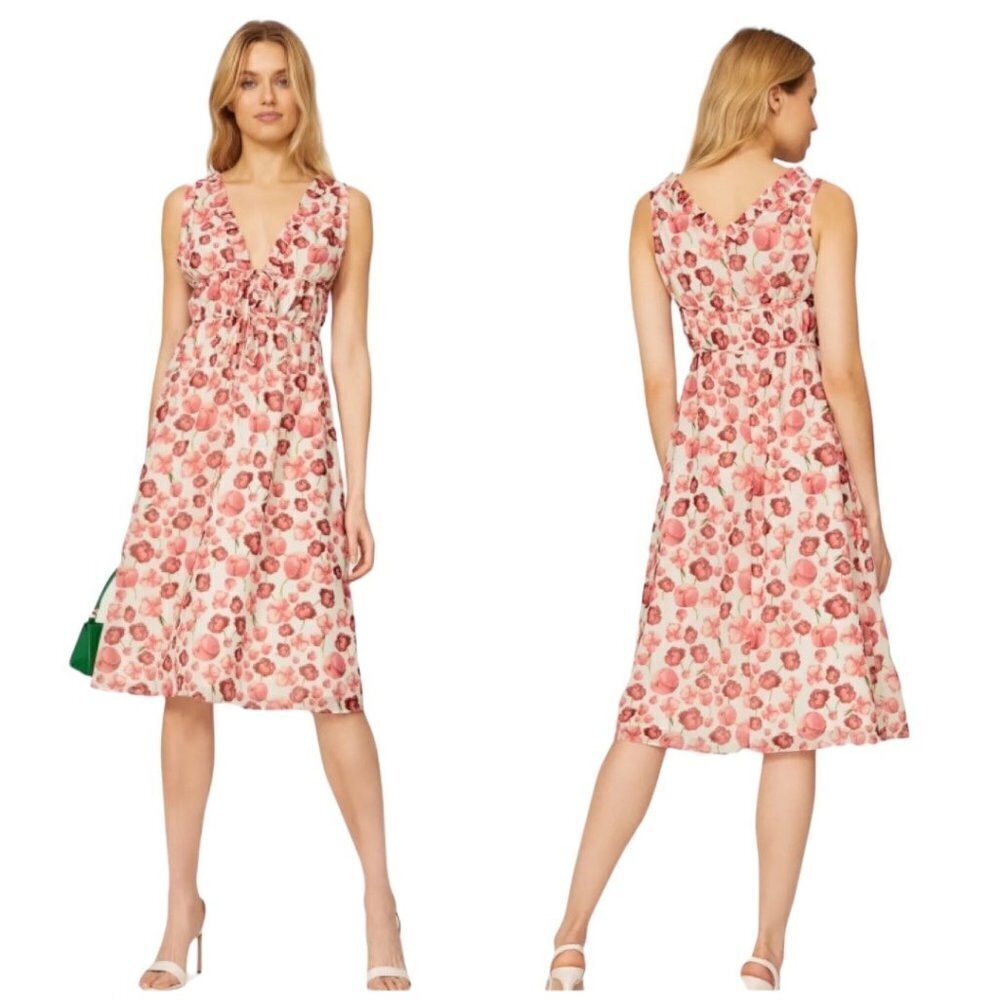 Samantha Sipos Ivory And Red Strawberry Floral Print Ruffle‎ Midi Dress Size S